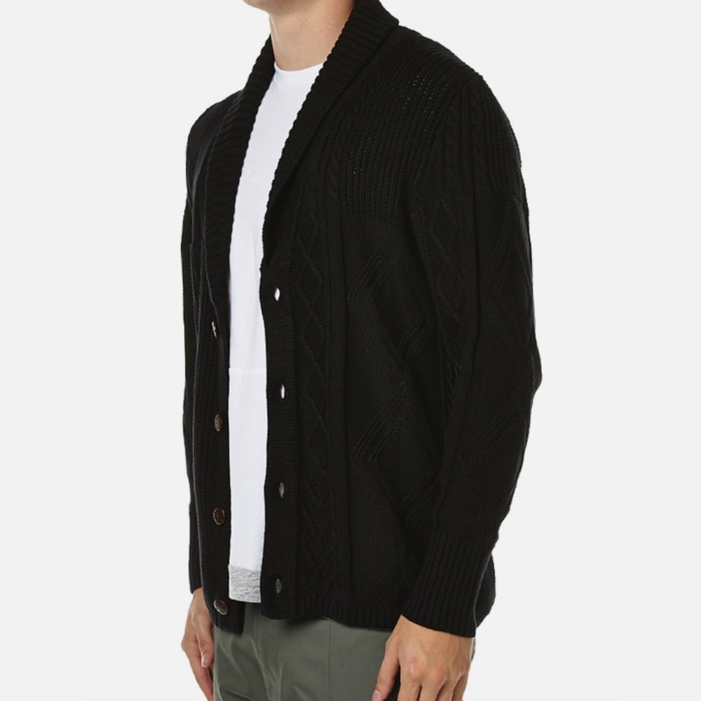 Zanerobe Cable Knit Cardigan Sweater Mens Sz XL Black Cotton V-Neck Shawl Collar